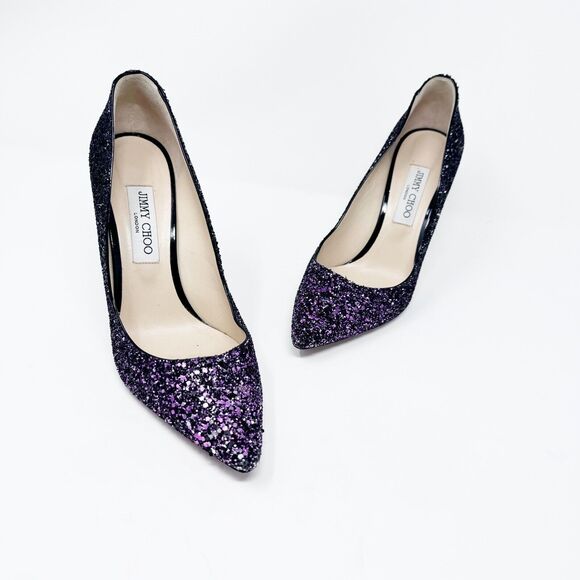 JIMMY CHOO Romy Purple Black Ombré Glitter Stiletto Pointed Toe Heels Size 40 - Picture 1 of 9